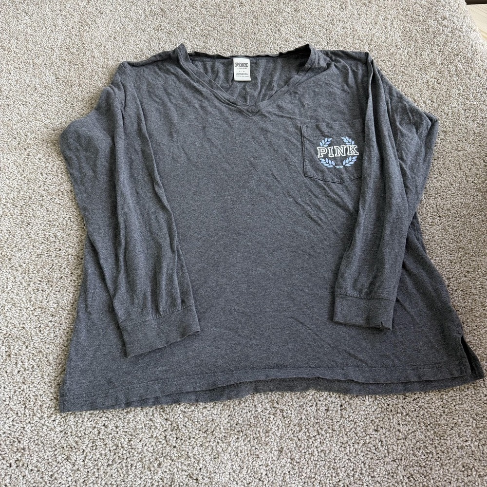 PINK Victoria's Secret Shirt Womens L Gray Long Sleeve V Neck Logo Graphic Top
